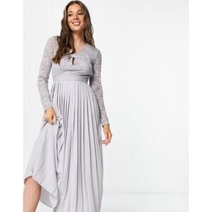 NWT Little Mistress Midi Skater Dress White Lace Pleated Twist Front Long Sleeve